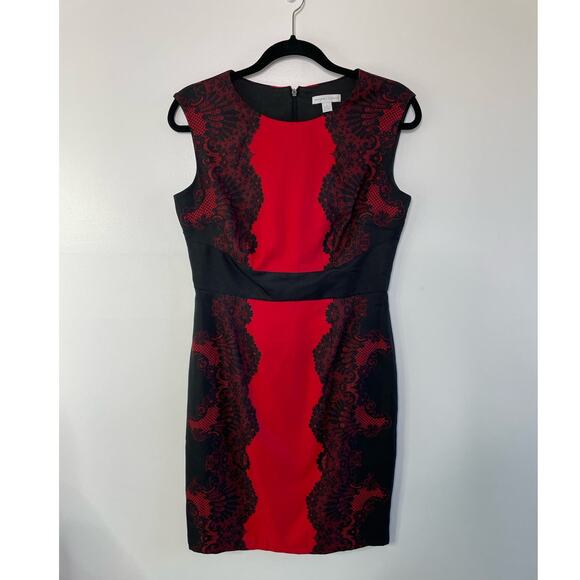 New York & Company Lace Print Shift Dress Cap Sleeve Red Black Women's Size 4 - Picture 2 of 11